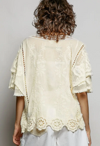 V-Neck Short Sleeve Crochet Trim Solid Top