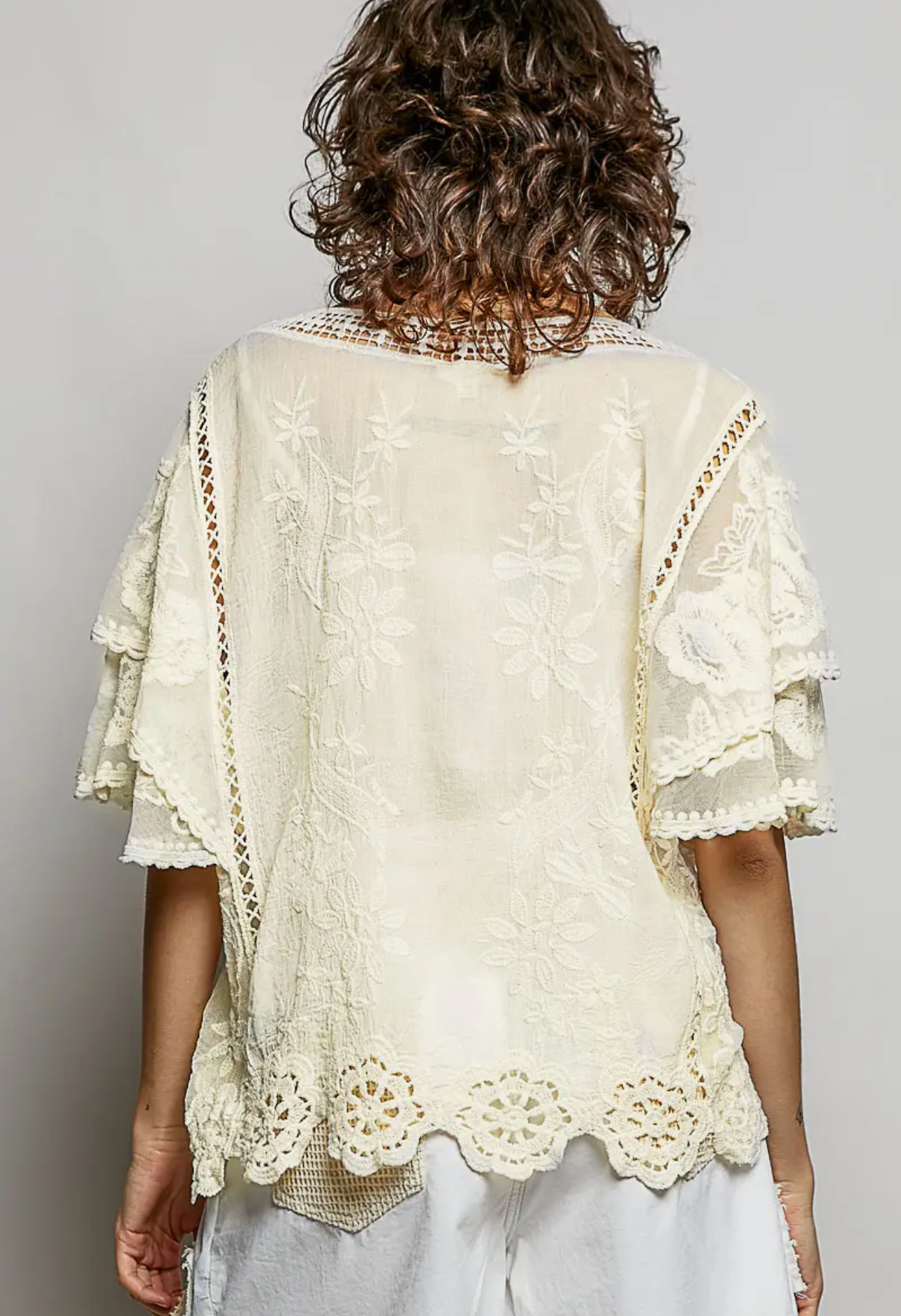 V-Neck Short Sleeve Crochet Trim Solid Top