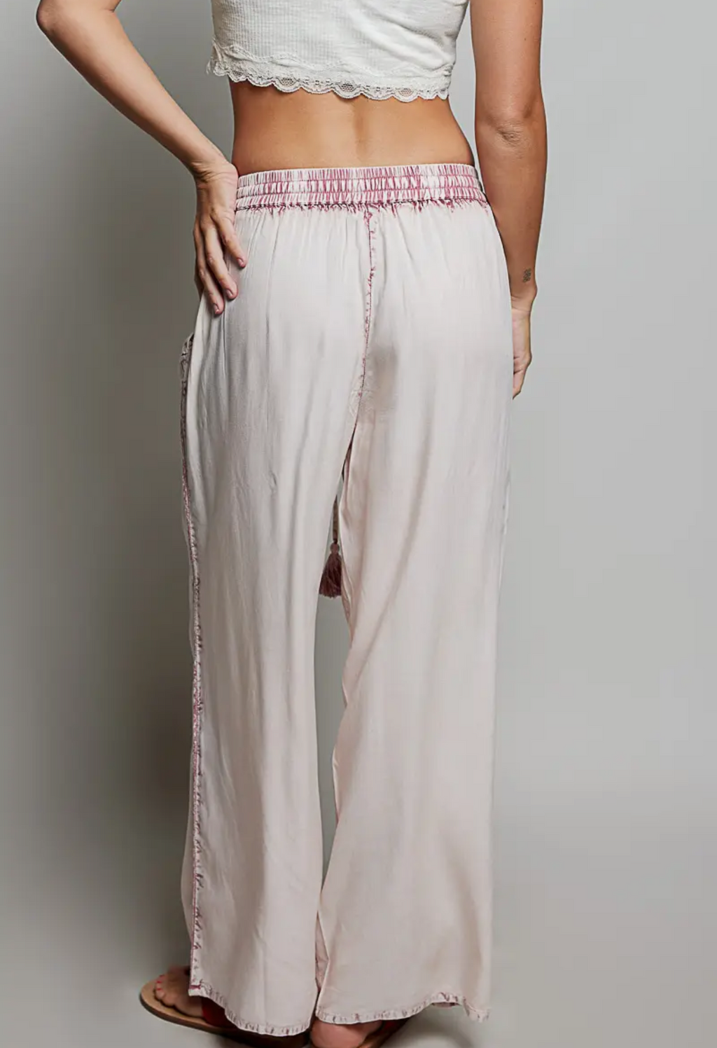 Vintage Washed Embroidered Trim Tassel Wide Leg Pants