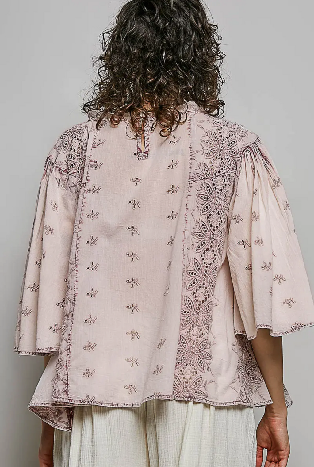 Vintage Washed Ruffle Neck Embroidered Cotton Blouse