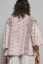 Vintage Washed Ruffle Neck Embroidered Cotton Blouse