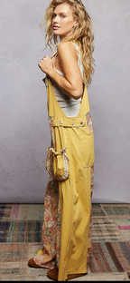 Vintage Washing Printed Wide Leg Side Pocket Woven Overalls- Yellow