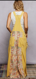 Vintage Washing Printed Wide Leg Side Pocket Woven Overalls- Yellow