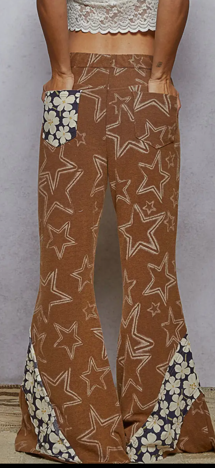 Vintage Washing Star Pattern Edge Cut Flared Knit Pants
