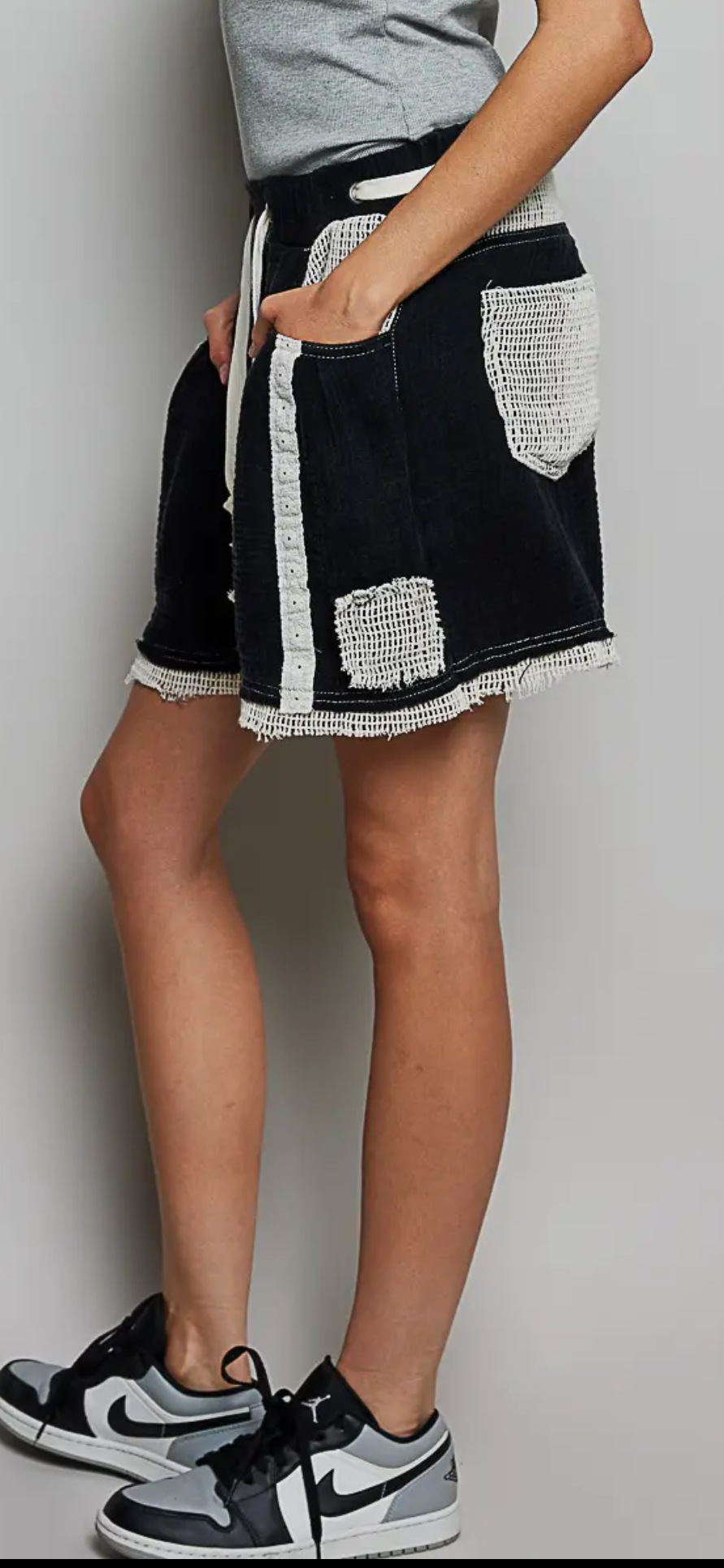 Vintage Washed Stripe Solid Crochet Patch Short- Black