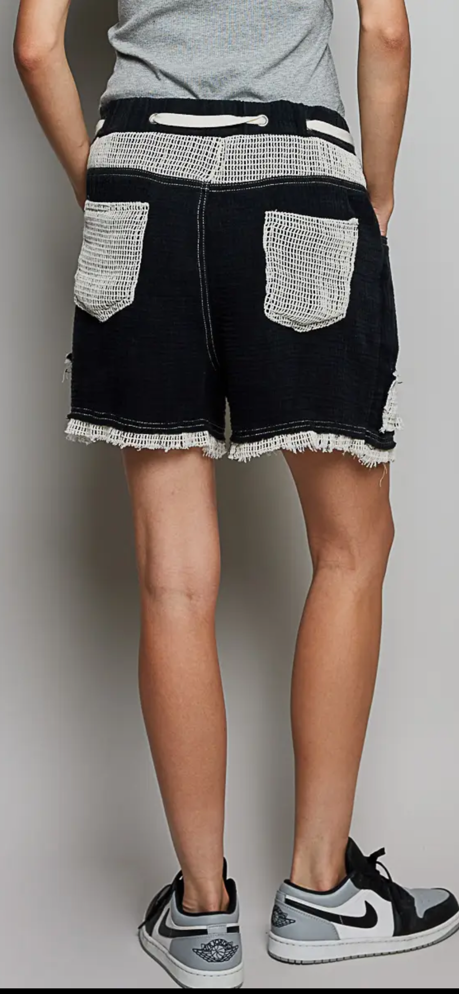 Vintage Washed Stripe Solid Crochet Patch Short- Black