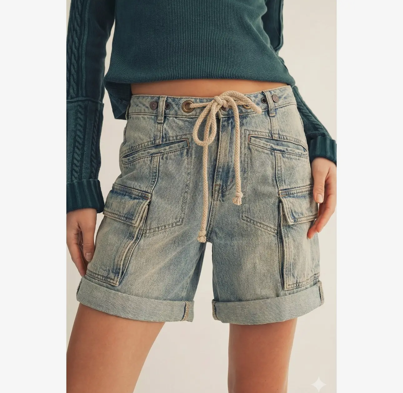 Vintage Washed Cotton Cargo Shorts-light denim