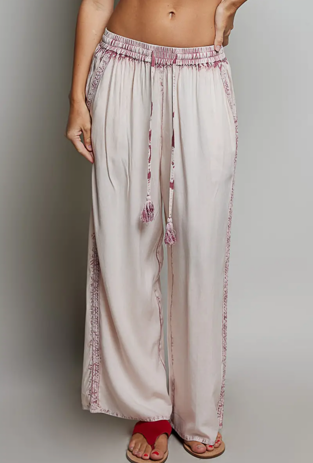 Vintage Washed Embroidered Trim Tassel Wide Leg Pants