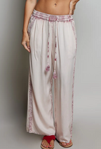 Vintage Washed Embroidered Trim Tassel Wide Leg Pants