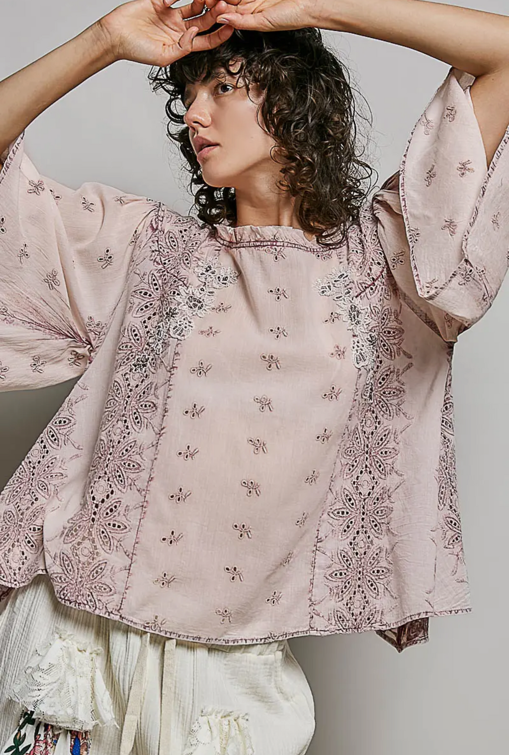 Vintage Washed Ruffle Neck Embroidered Cotton Blouse