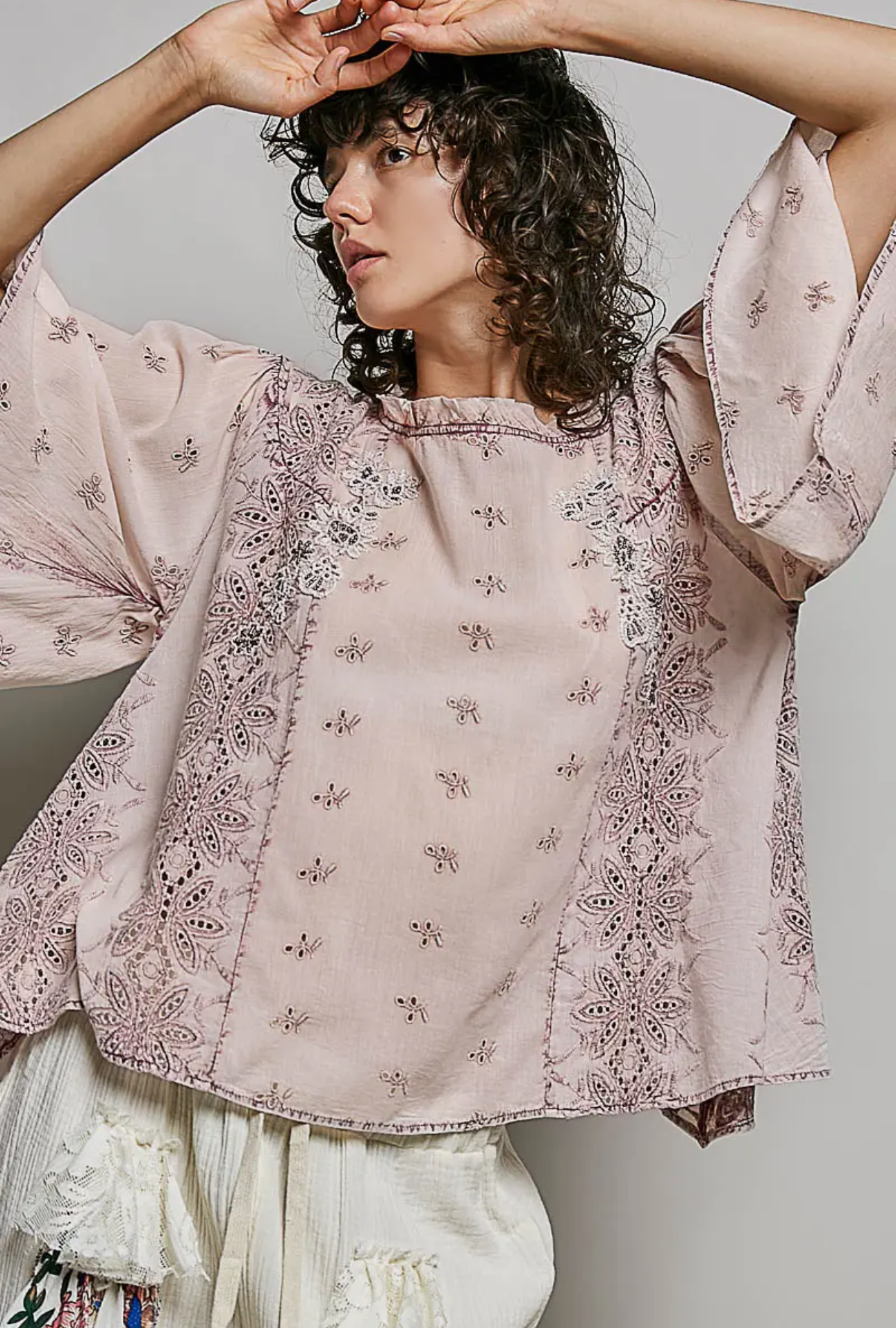 Vintage Washed Ruffle Neck Embroidered Cotton Blouse