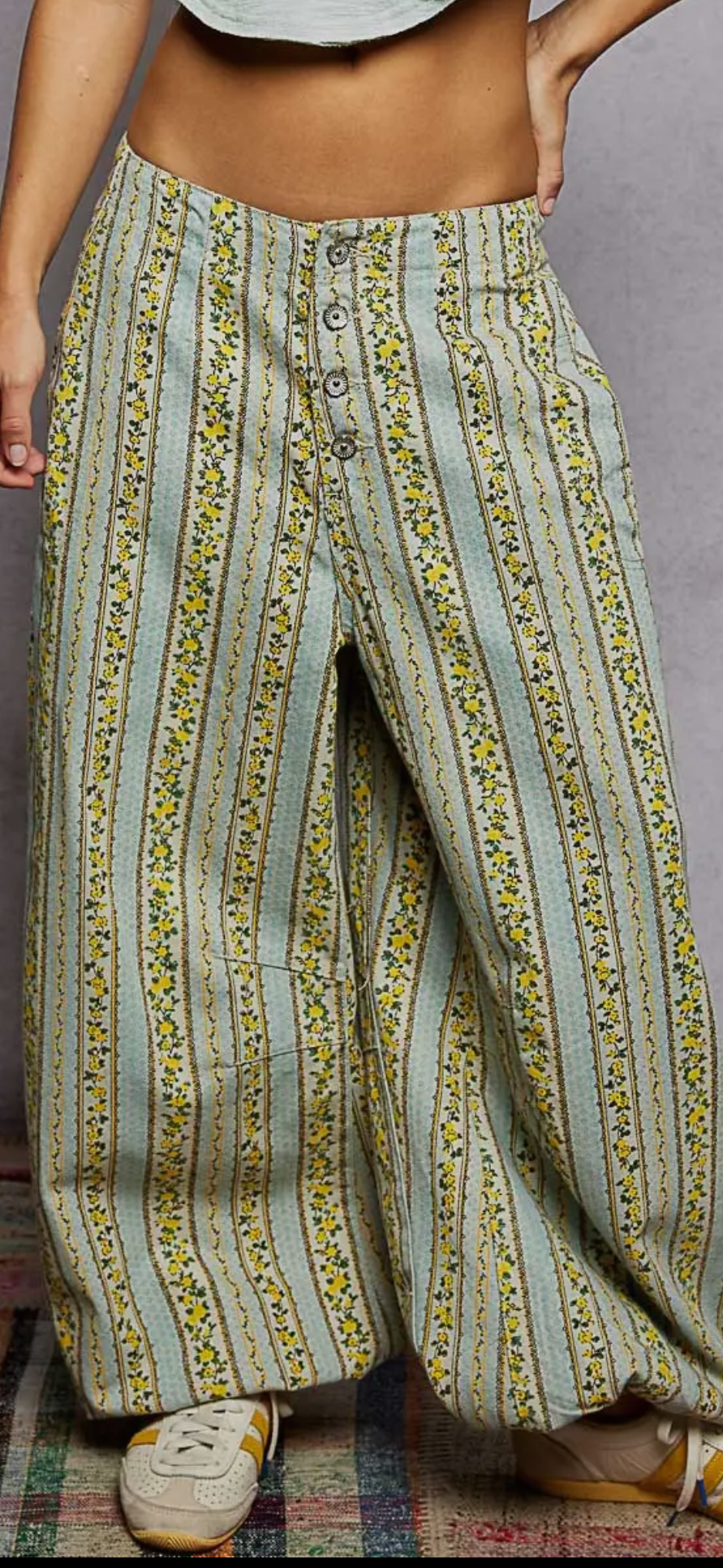 Vintage Washing Printed Twill Relaxed Fit Floral Pants