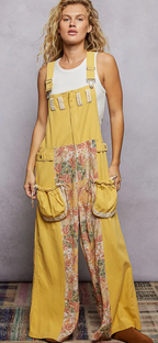 Vintage Washing Printed Wide Leg Side Pocket Woven Overalls- Yellow