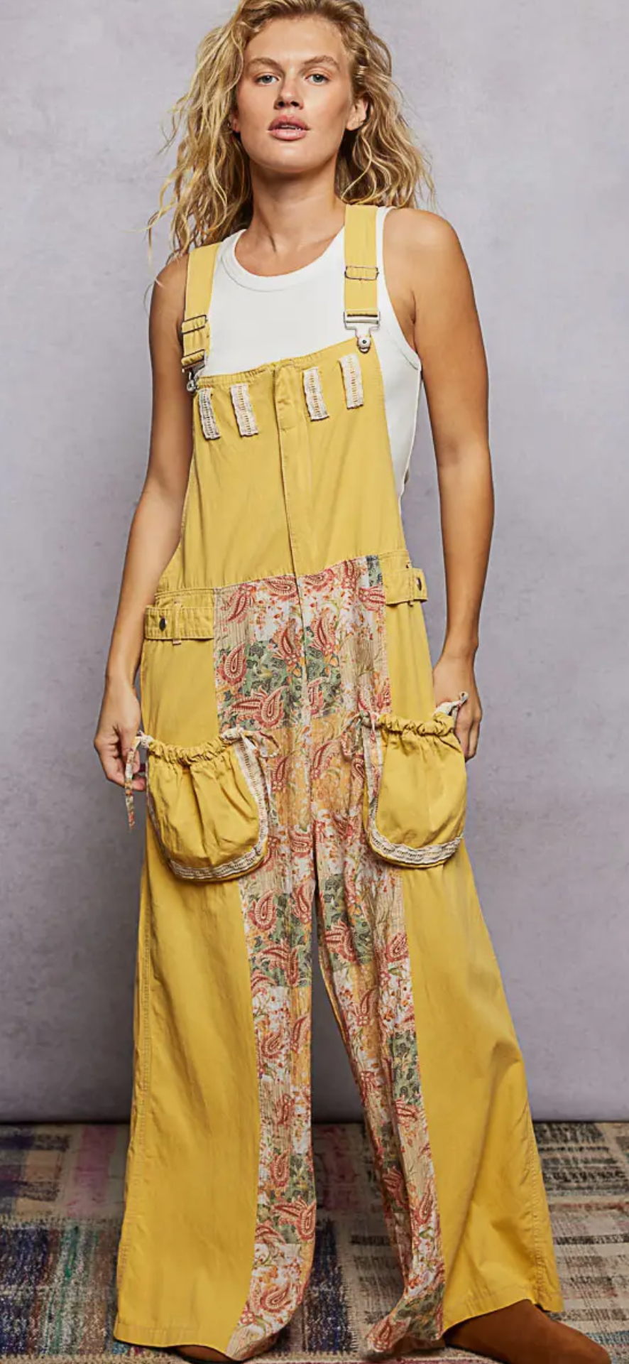 Vintage Washing Printed Wide Leg Side Pocket Woven Overalls- Yellow