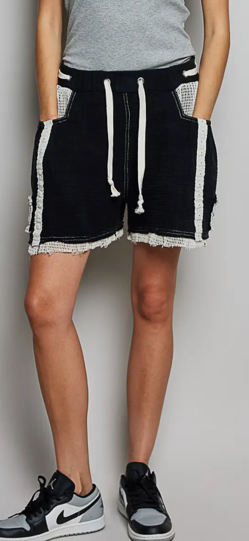 Vintage Washed Stripe Solid Crochet Patch Short- Black