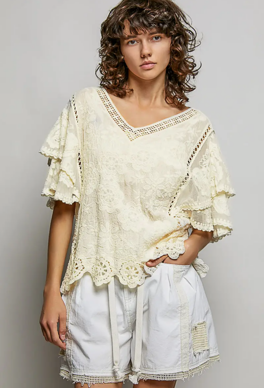 V-Neck Short Sleeve Crochet Trim Solid Top