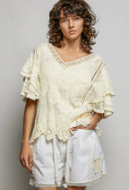 V-Neck Short Sleeve Crochet Trim Solid Top