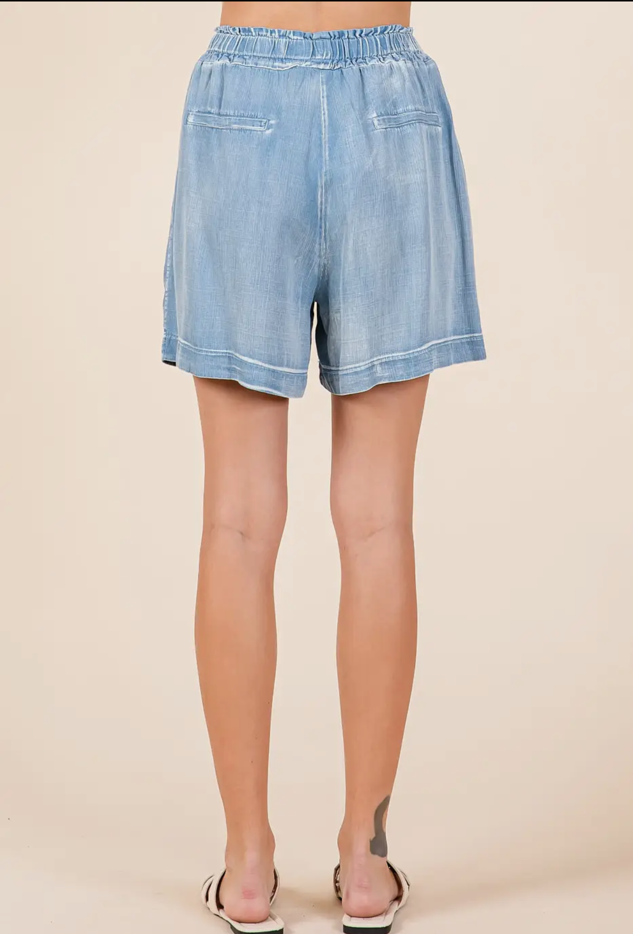 Washed Chambray Elastic Waist Shorts