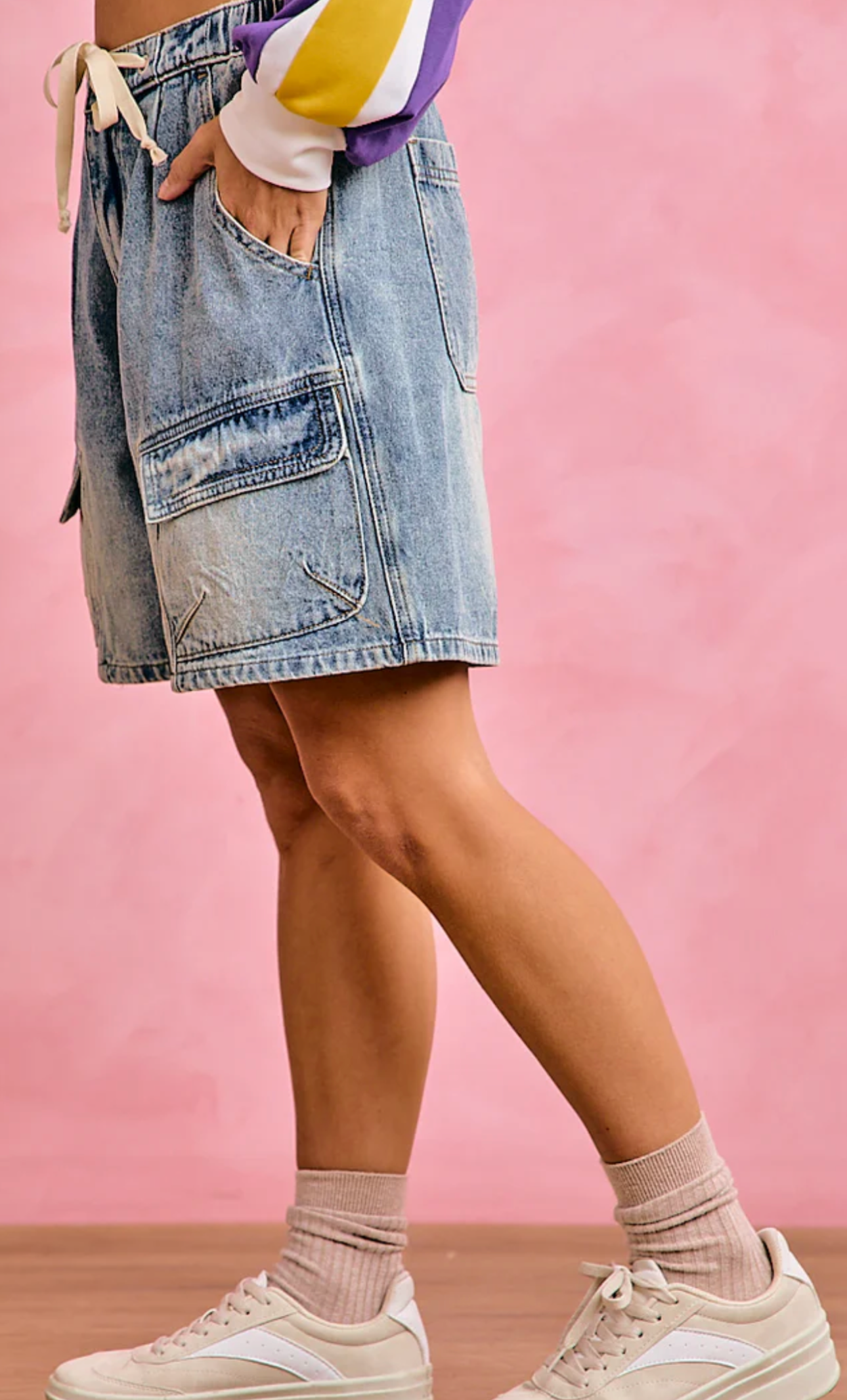 Washed Denim Drawstring Shorts with Pockets