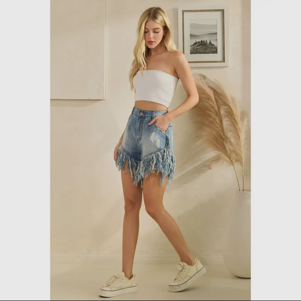 Washed Frayed Hem Denim Shorts
