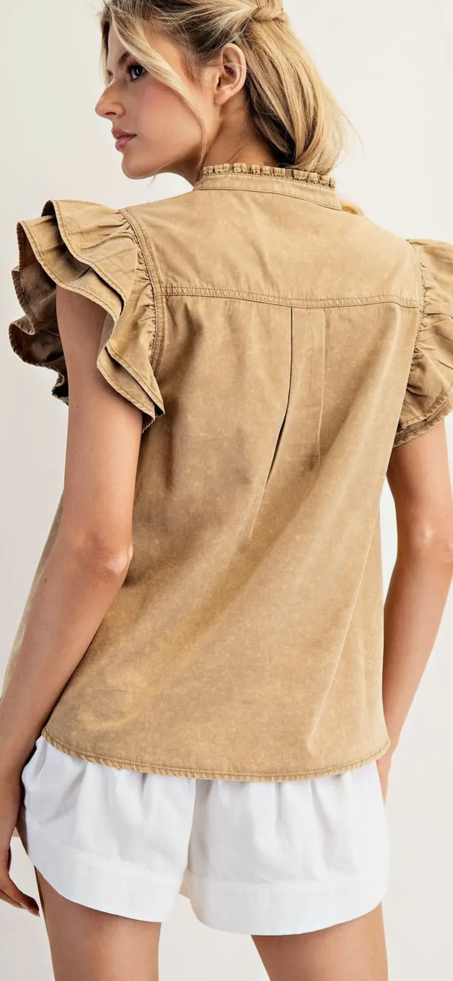 Washed Ruffle Trim Flutter Sleeve Blouse-Coco