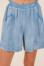 Washed Chambray Elastic Waist Shorts