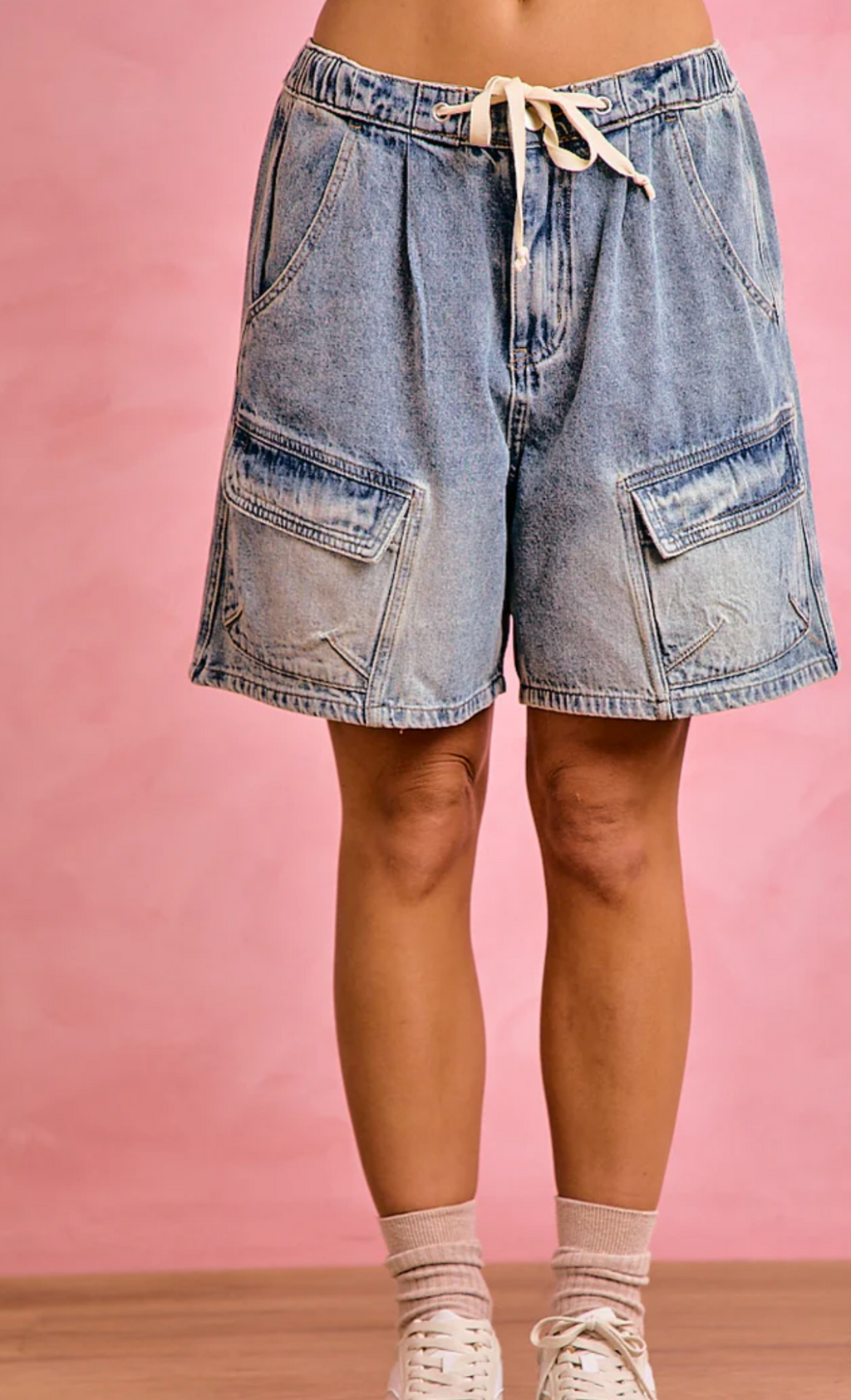 Washed Denim Drawstring Shorts with Pockets