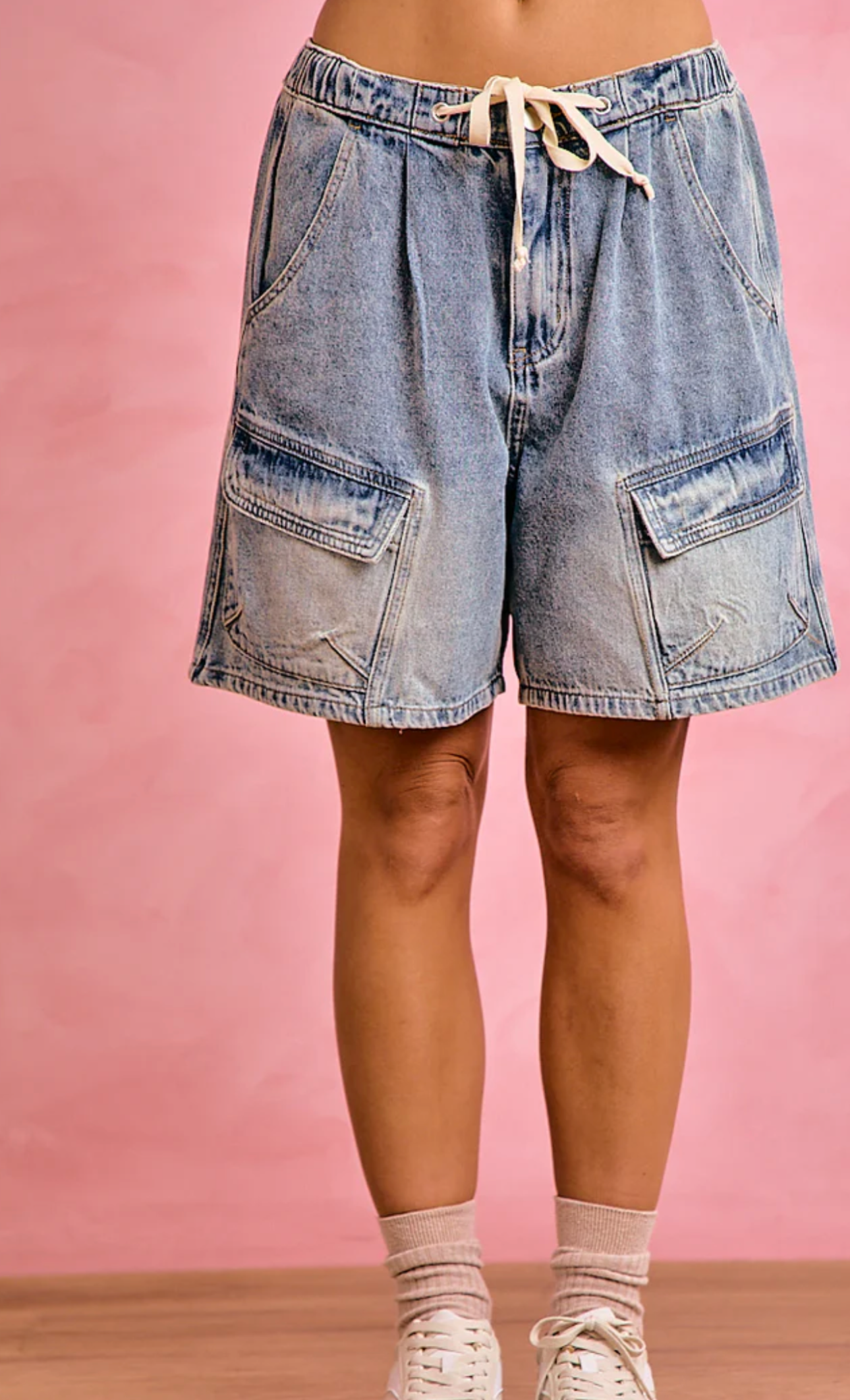 Washed Denim Drawstring Shorts with Pockets