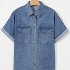 Western Button Flap Pocket Cuffed Short Sleeve Denim Shirt