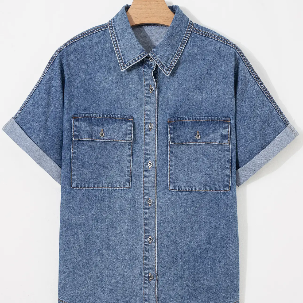 Western Button Flap Pocket Cuffed Short Sleeve Denim Shirt