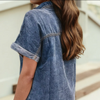 Western Button Flap Pocket Cuffed Short Sleeve Denim Shirt
