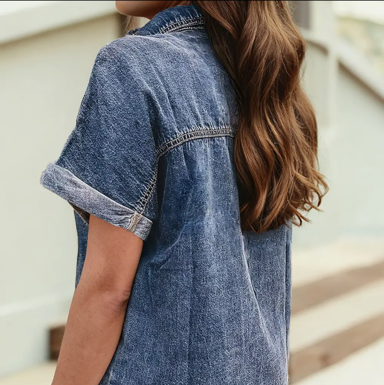 Western Button Flap Pocket Cuffed Short Sleeve Denim Shirt