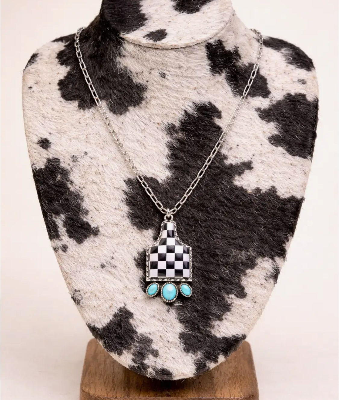 Western Eartag Checker Stone Pendant Necklace