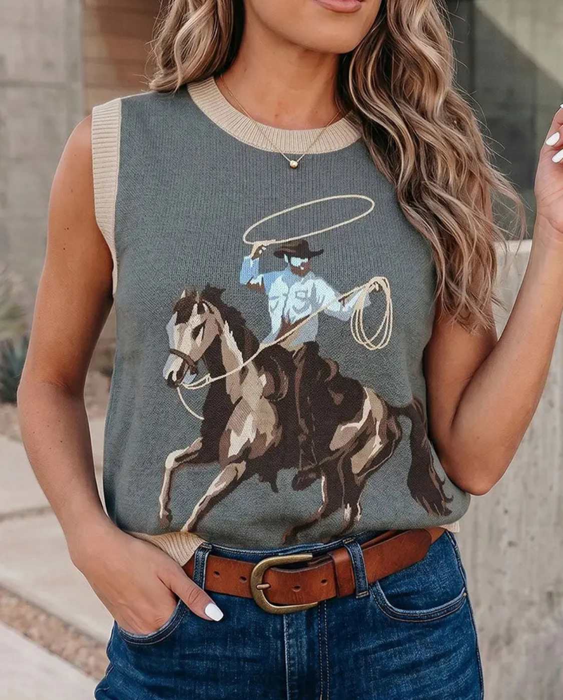 Cowboy Print Knit Sleeveless Vest