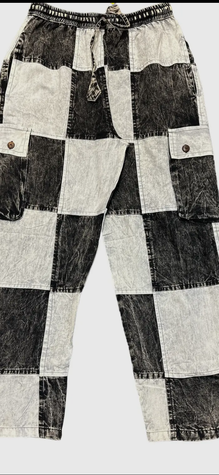 Cotton Black and White Patch Wide Leg Cargo Pant