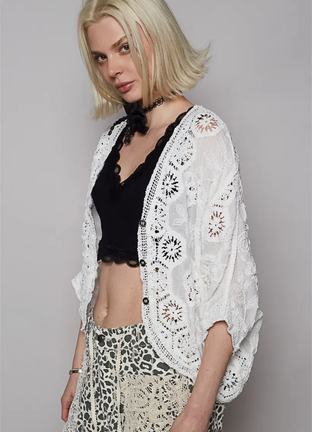 V-Neck Crochet Woven Roomy Fit Cardigan Top