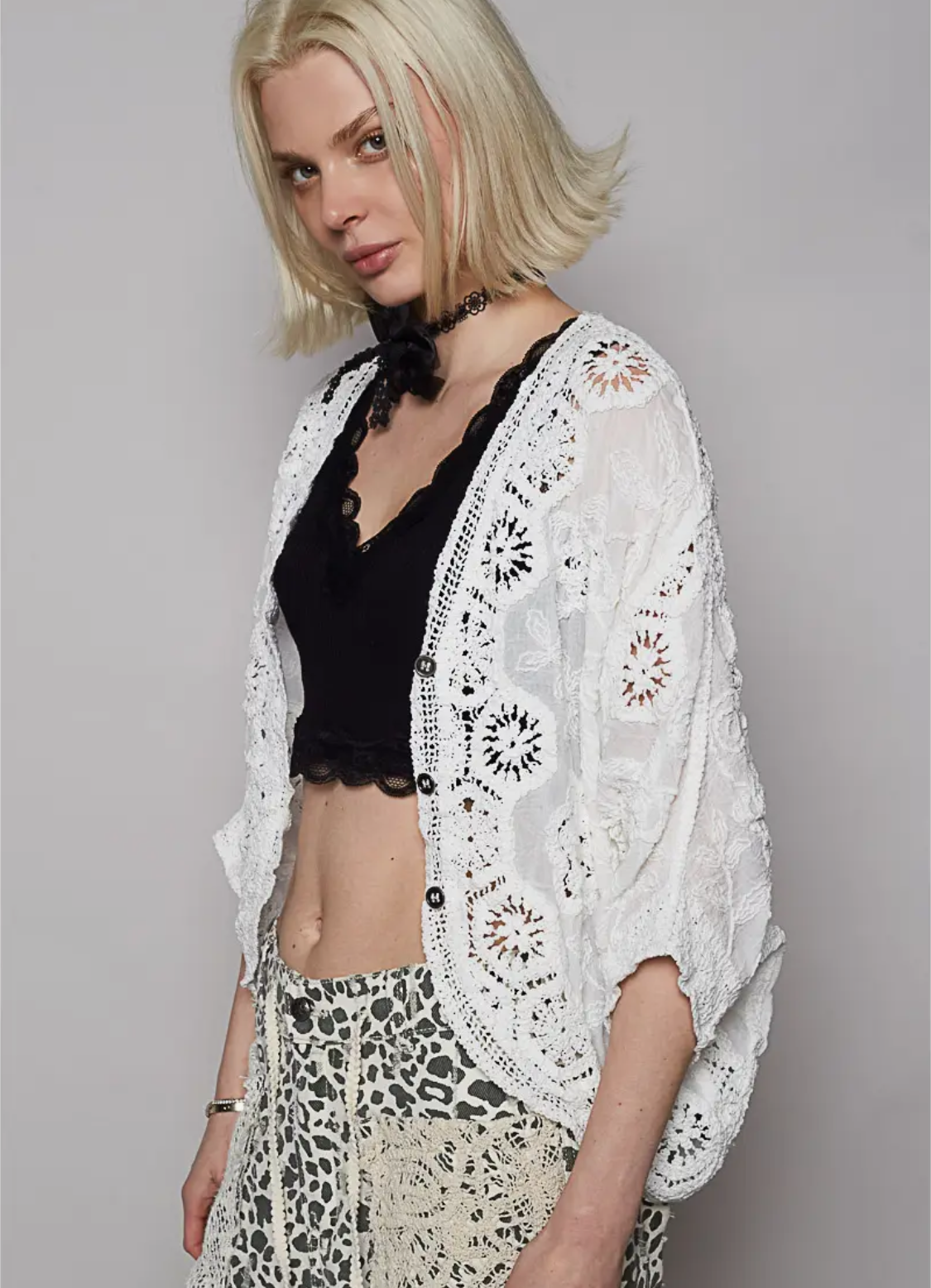 V-Neck Crochet Woven Roomy Fit Cardigan Top