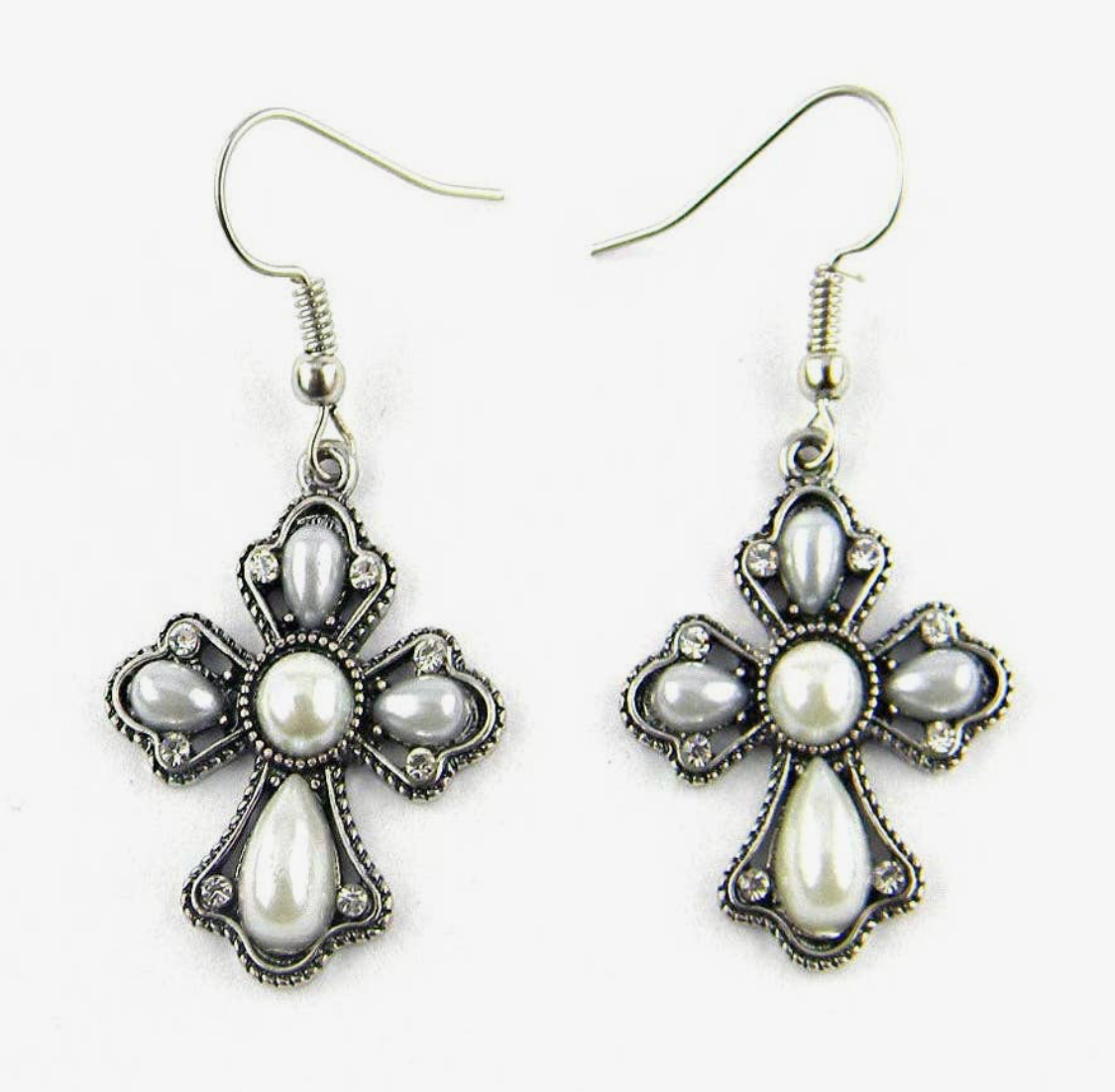 White Stone Cross Earrings