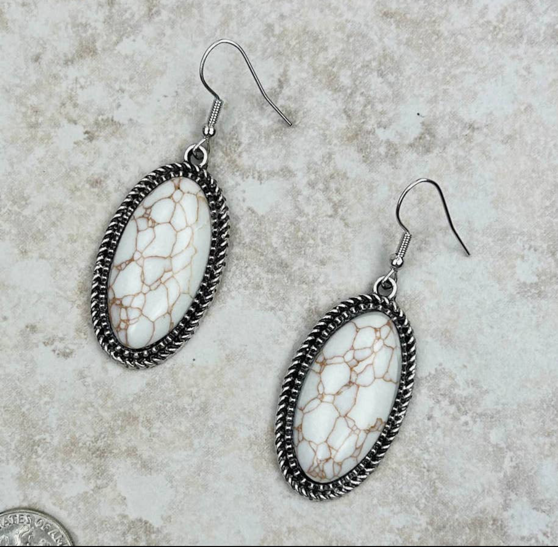 White Silver with White Stone Oval Earrings
