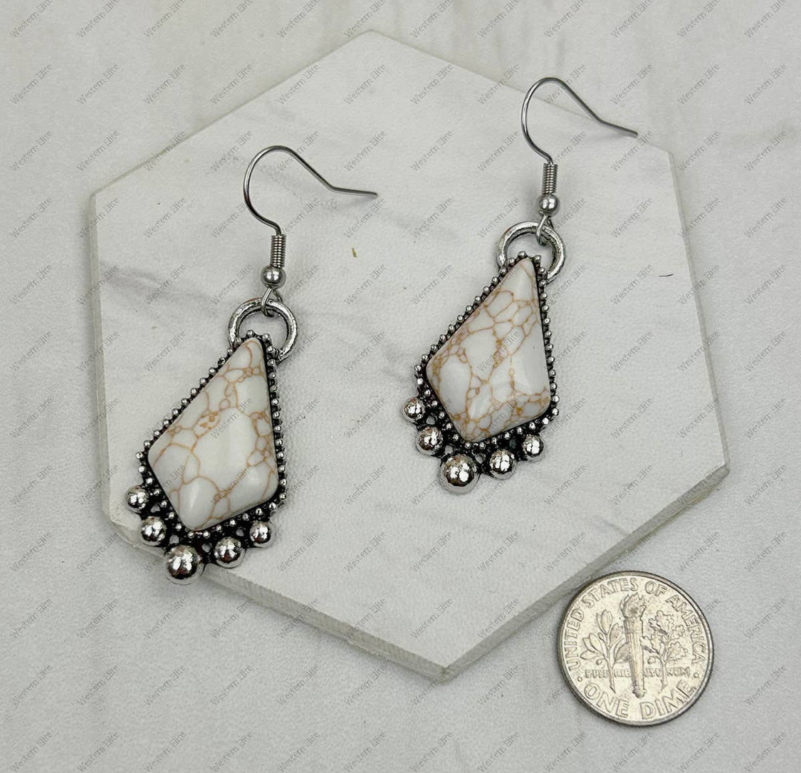 Silver Metal with Blue Turquoise Stone Earrings-White