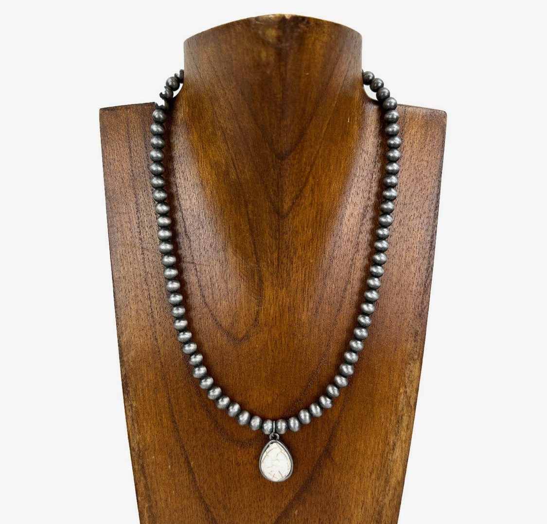 17" Navajo Pearl Necklace with White Tear Drop Stone