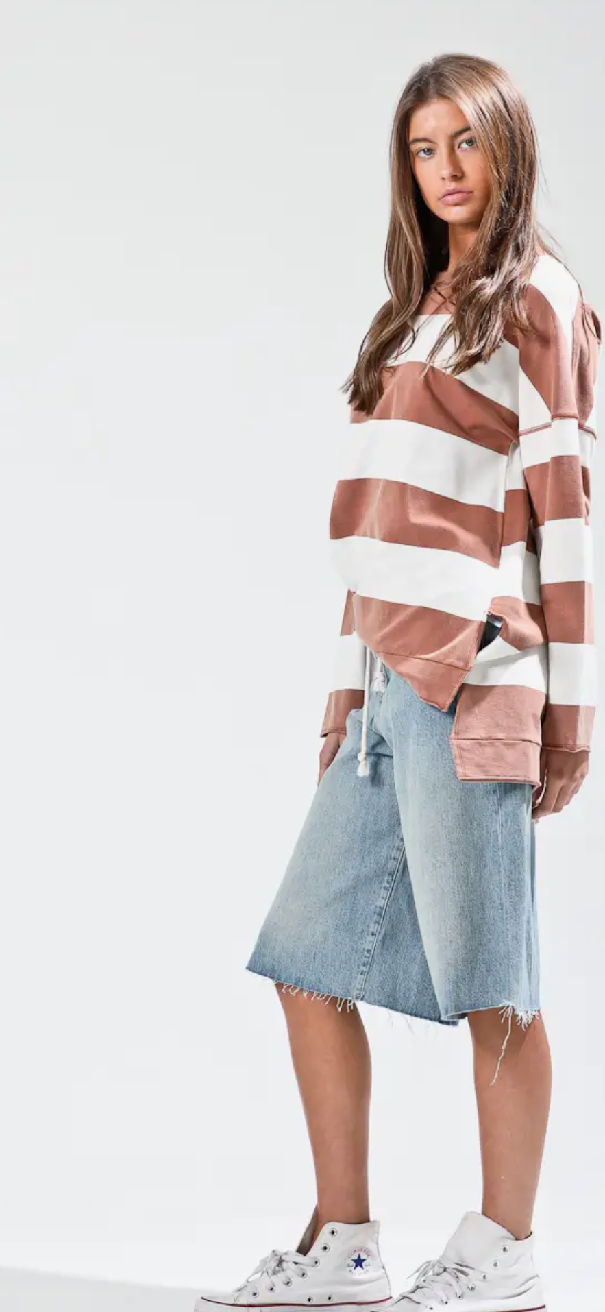 Wide Stripe Washed Out Casual Top- off white and mauve
