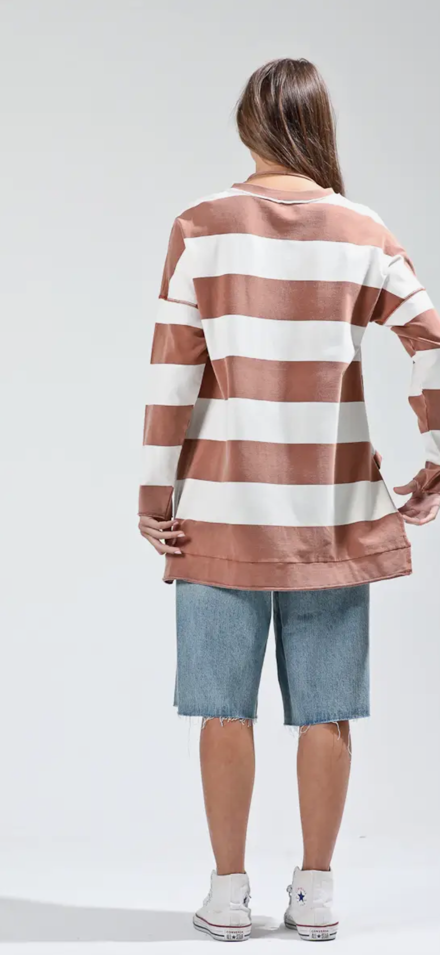 Wide Stripe Washed Out Casual Top- off white and mauve