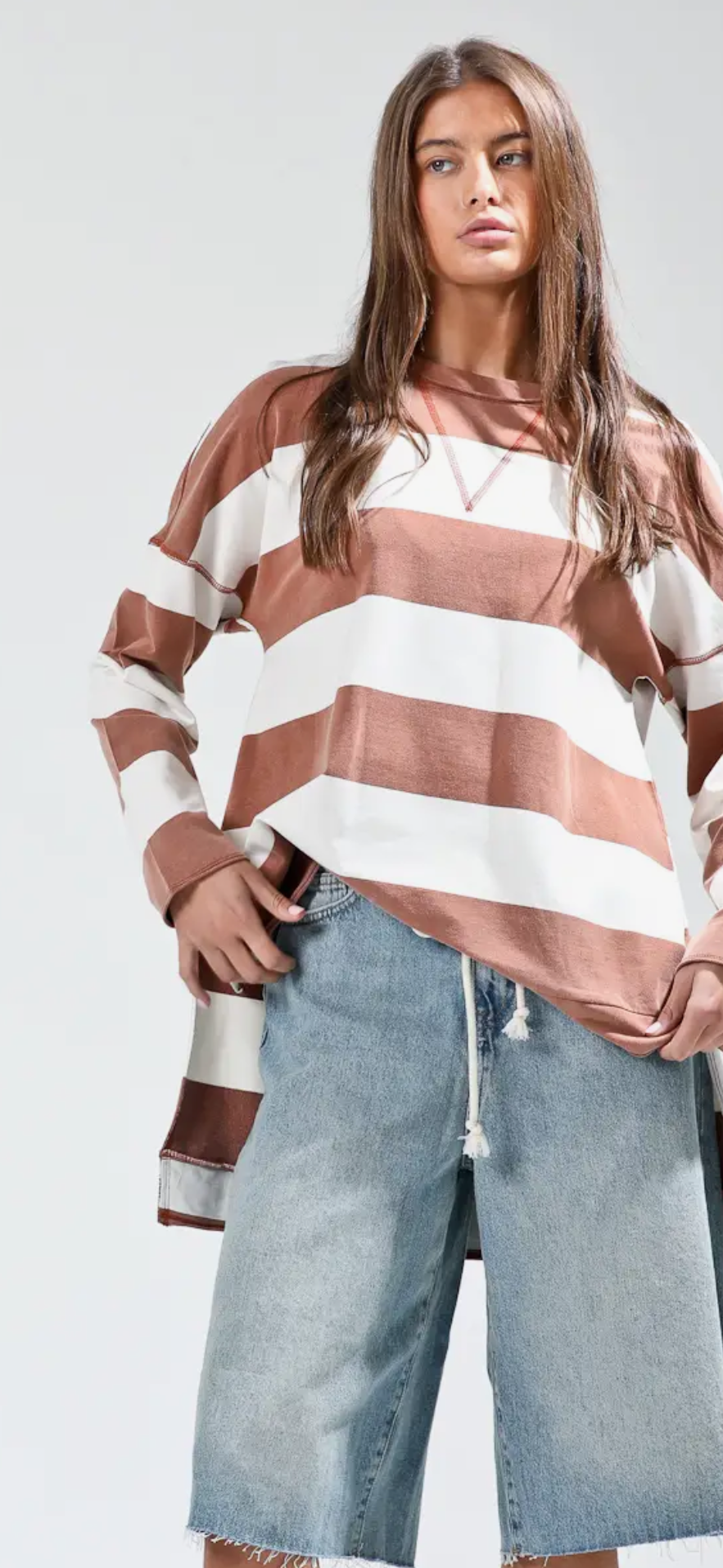 Wide Stripe Washed Out Casual Top- off white and mauve