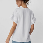 Women's Ruffle Sleeve Crew Neck Tee Shirt-white