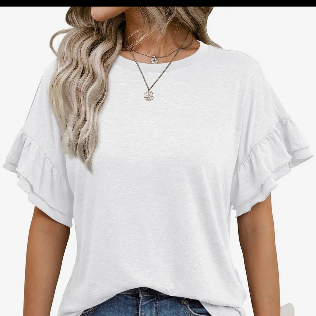 Women's Ruffle Sleeve Crew Neck Tee Shirt-white