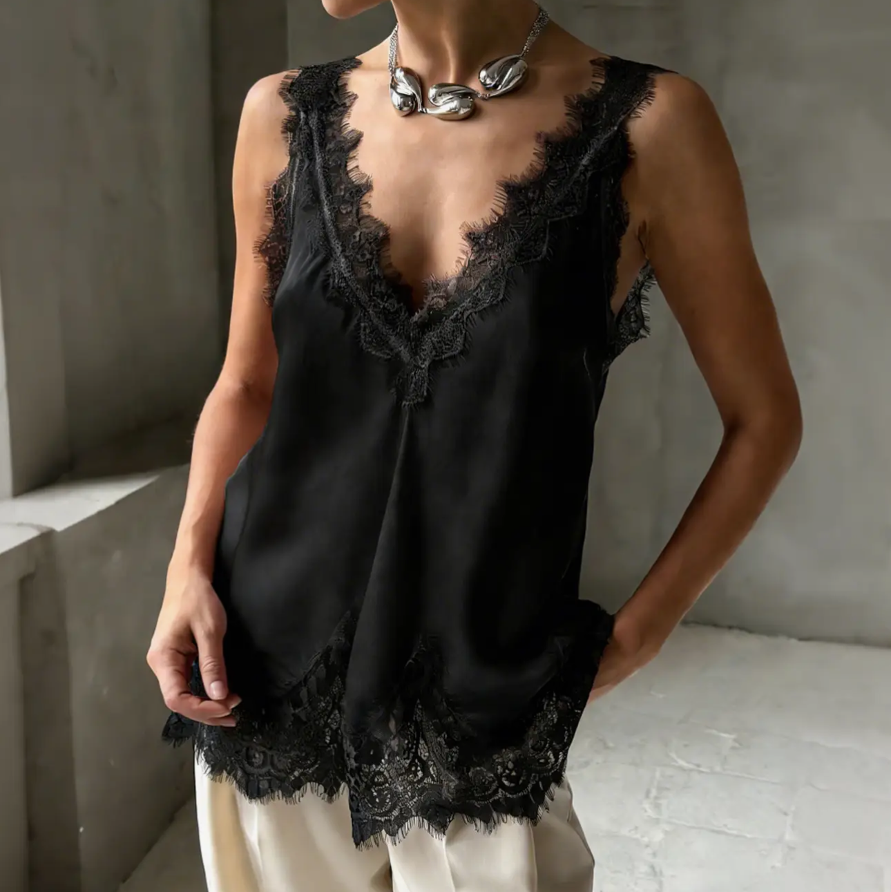 Women Sheer V-Neck Retro Lace Hollow Out Trim Vest Top