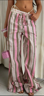 Contrast Striped Casual Elastic Waist Wide-Leg Pants- pink/multi